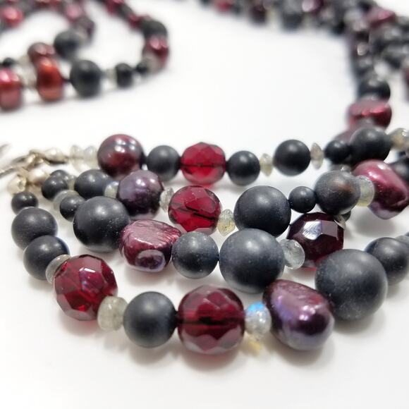 Vintage Beaded Necklace Pearled Burgundy, Matte Black Red Black Czech Crystal - Picture 6 of 10